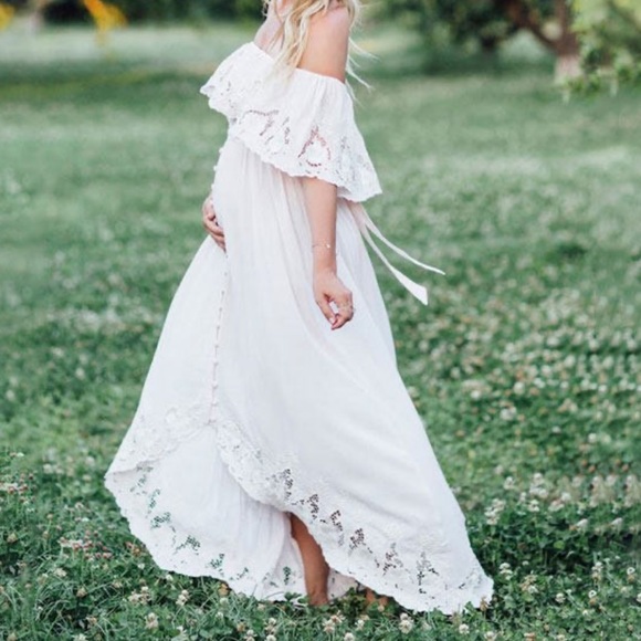 maternity solid white lace off shoulder dress